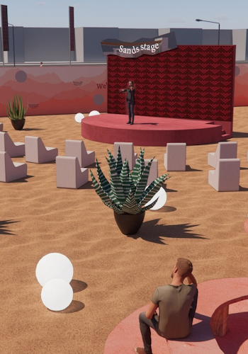 Mzllah - Mystic Mirage is an immersive Emirati-inspired coffee pop-up design by Studio Königshausen in Dubai, United Arab Emirates. Within a 9000 sqm space, desert landscapes are reimagined with vibrant colours, mirrors, and contemporary designs, offering an arty twist to traditional elements.